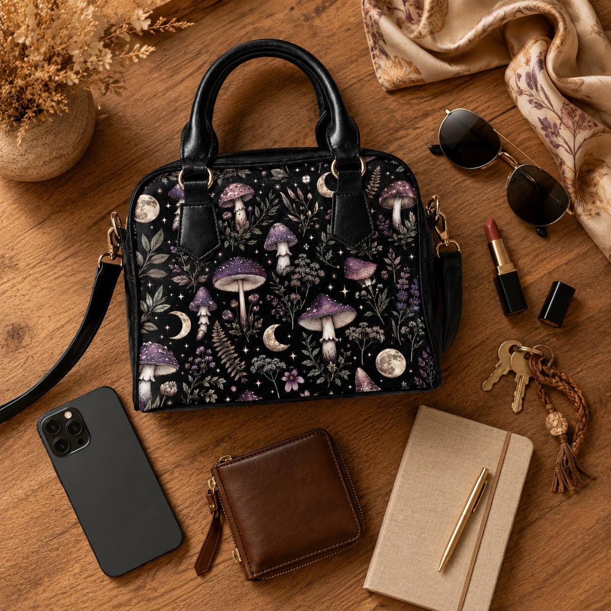 Mushroom Moon Forest Print Handbag, Black Fairycore Crossbody Satchel