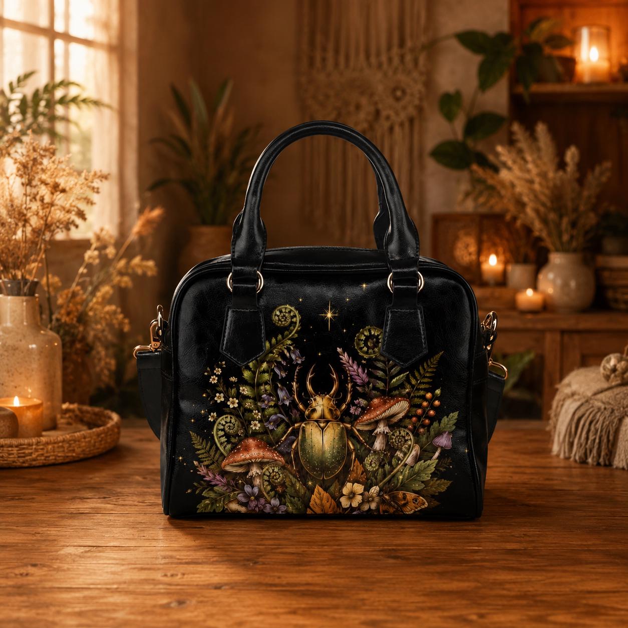 Beetle Mushroom Handbag, Dark Forest Botanical Shoulder Bag, Vegan Leather Crossbody Purse
