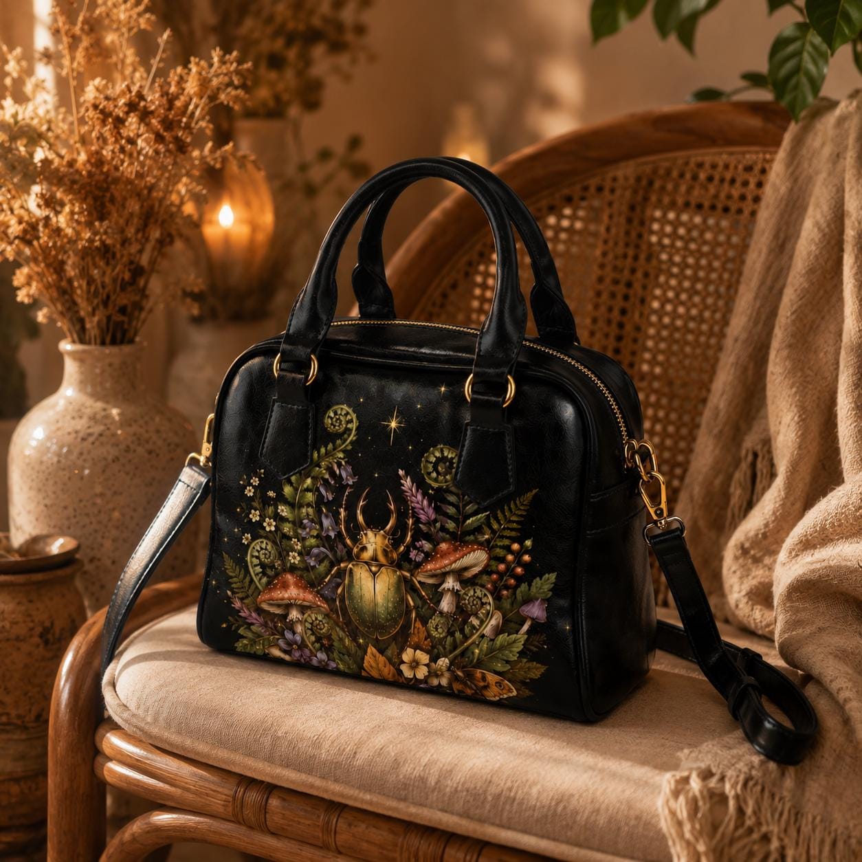 Beetle Mushroom Handbag, Dark Forest Botanical Shoulder Bag, Vegan Leather Crossbody Purse