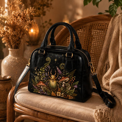 Beetle Mushroom Handbag, Dark Forest Botanical Shoulder Bag, Vegan Leather Crossbody Purse