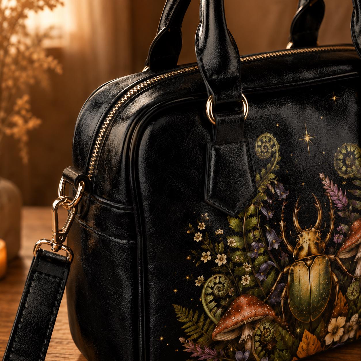 Beetle Mushroom Handbag, Dark Forest Botanical Shoulder Bag, Vegan Leather Crossbody Purse