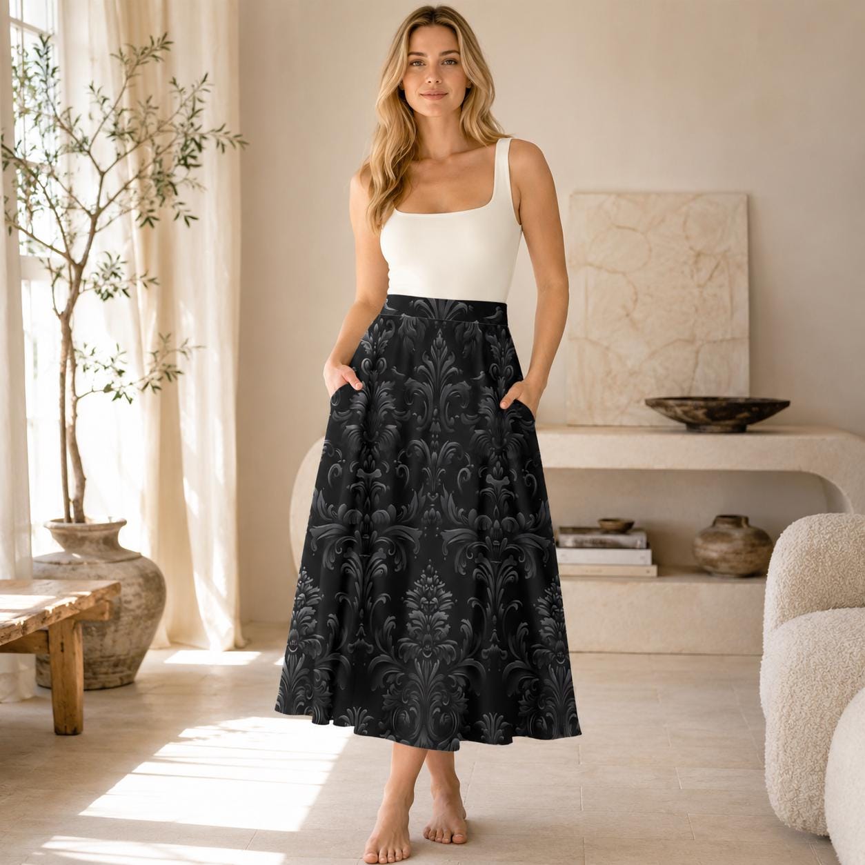 Black Damask A Line Midi Skirt with Side Pockets
