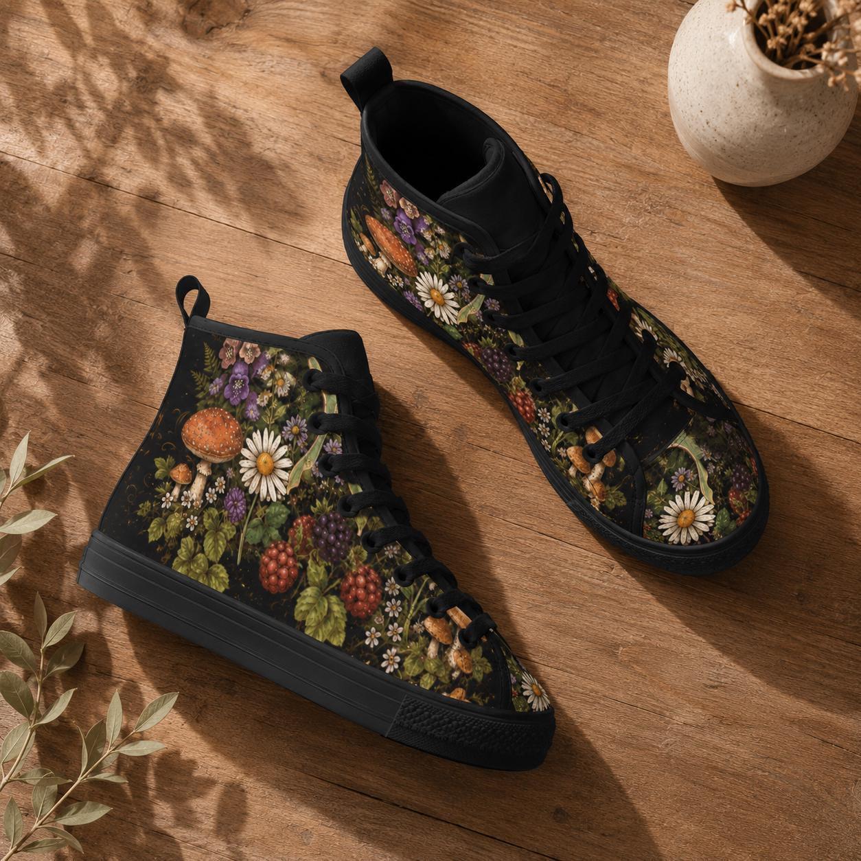 Mushroom Floral High Tops, Woodland Cottagecore Canvas Sneakers, Dark Fairycore Streetwear