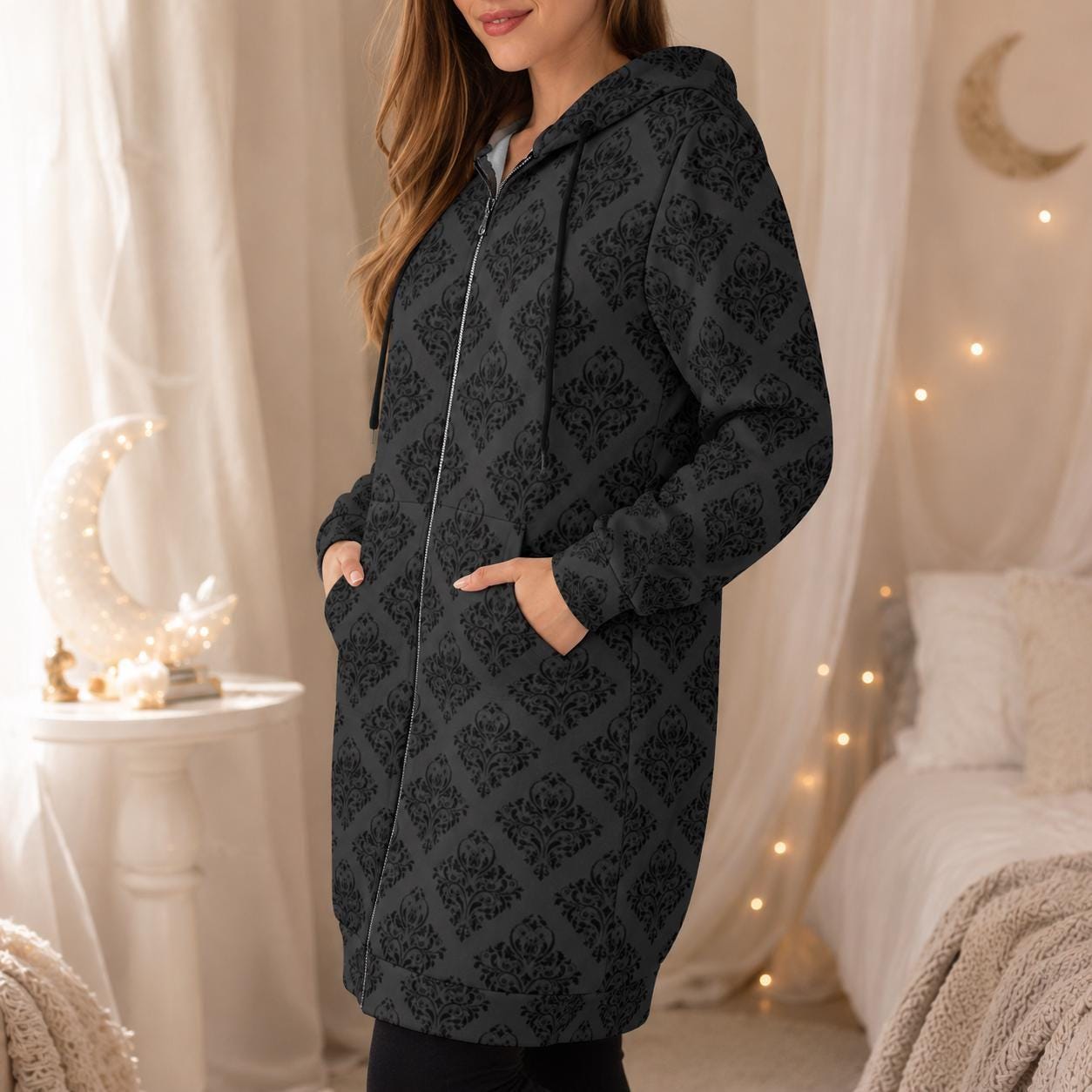 Damask Hooded Cardigan, Victorian Goth Zip Coat, Baroque Longline Hoodie