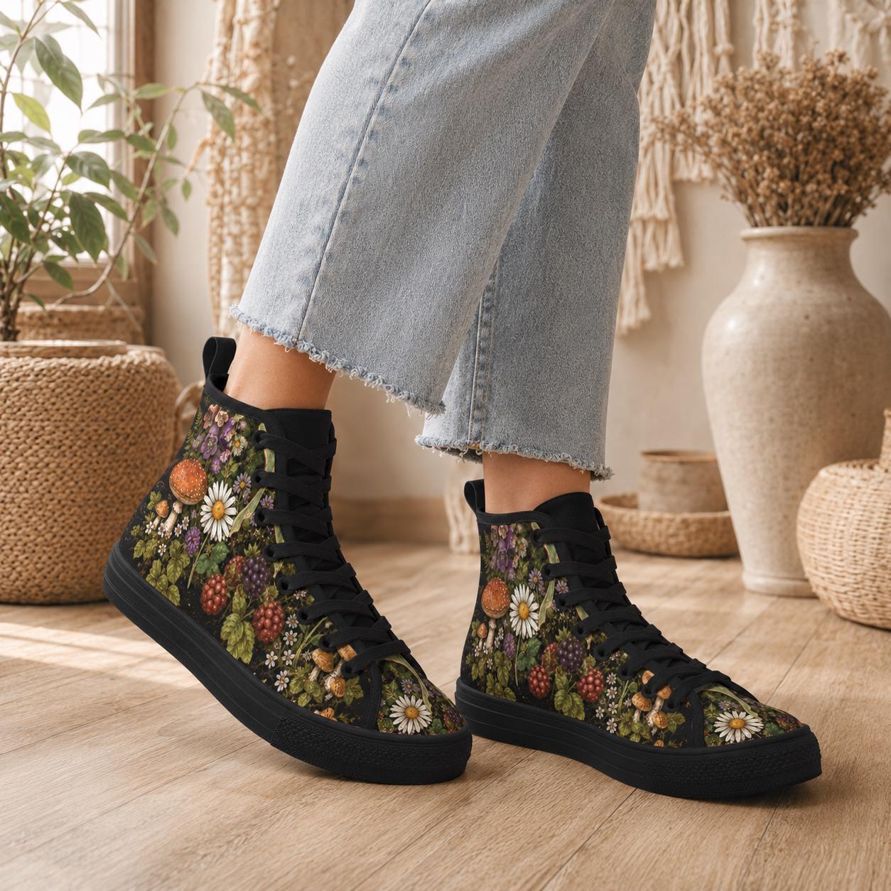 Mushroom Floral High Tops, Woodland Cottagecore Canvas Sneakers, Dark Fairycore Streetwear