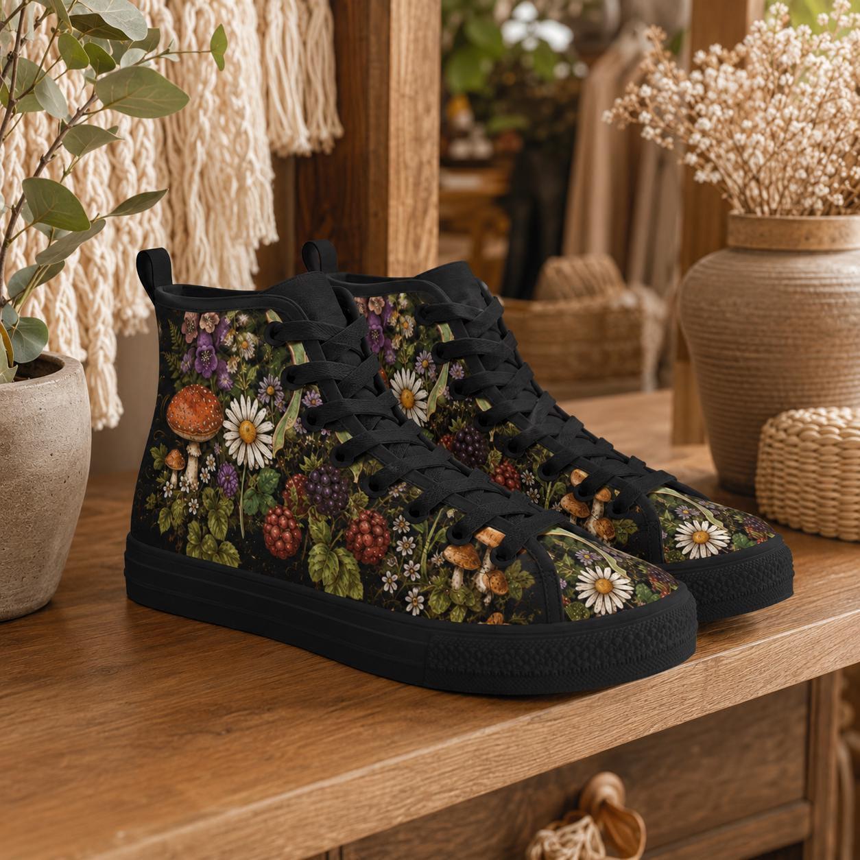 Mushroom Floral High Tops, Woodland Cottagecore Canvas Sneakers, Dark Fairycore Streetwear