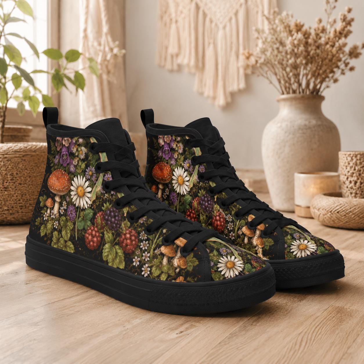 Mushroom Floral High Tops, Woodland Cottagecore Canvas Sneakers, Dark Fairycore Streetwear
