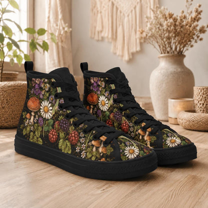 Mushroom Floral High Tops, Woodland Cottagecore Canvas Sneakers, Dark Fairycore Streetwear