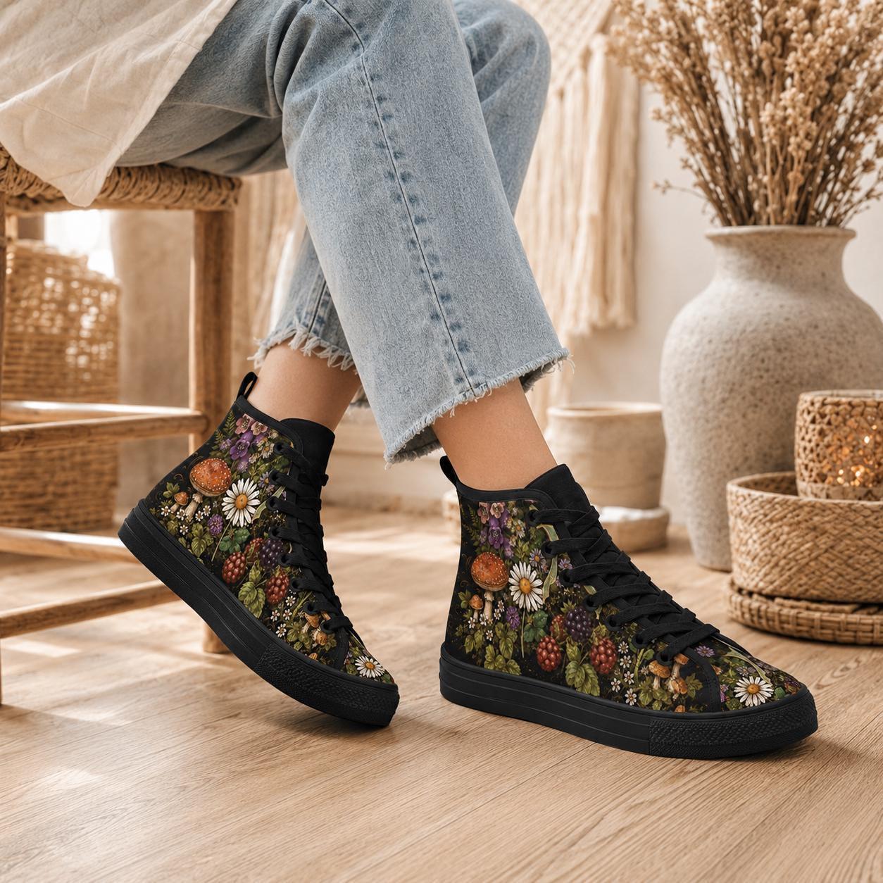 Mushroom Floral High Tops, Woodland Cottagecore Canvas Sneakers, Dark Fairycore Streetwear
