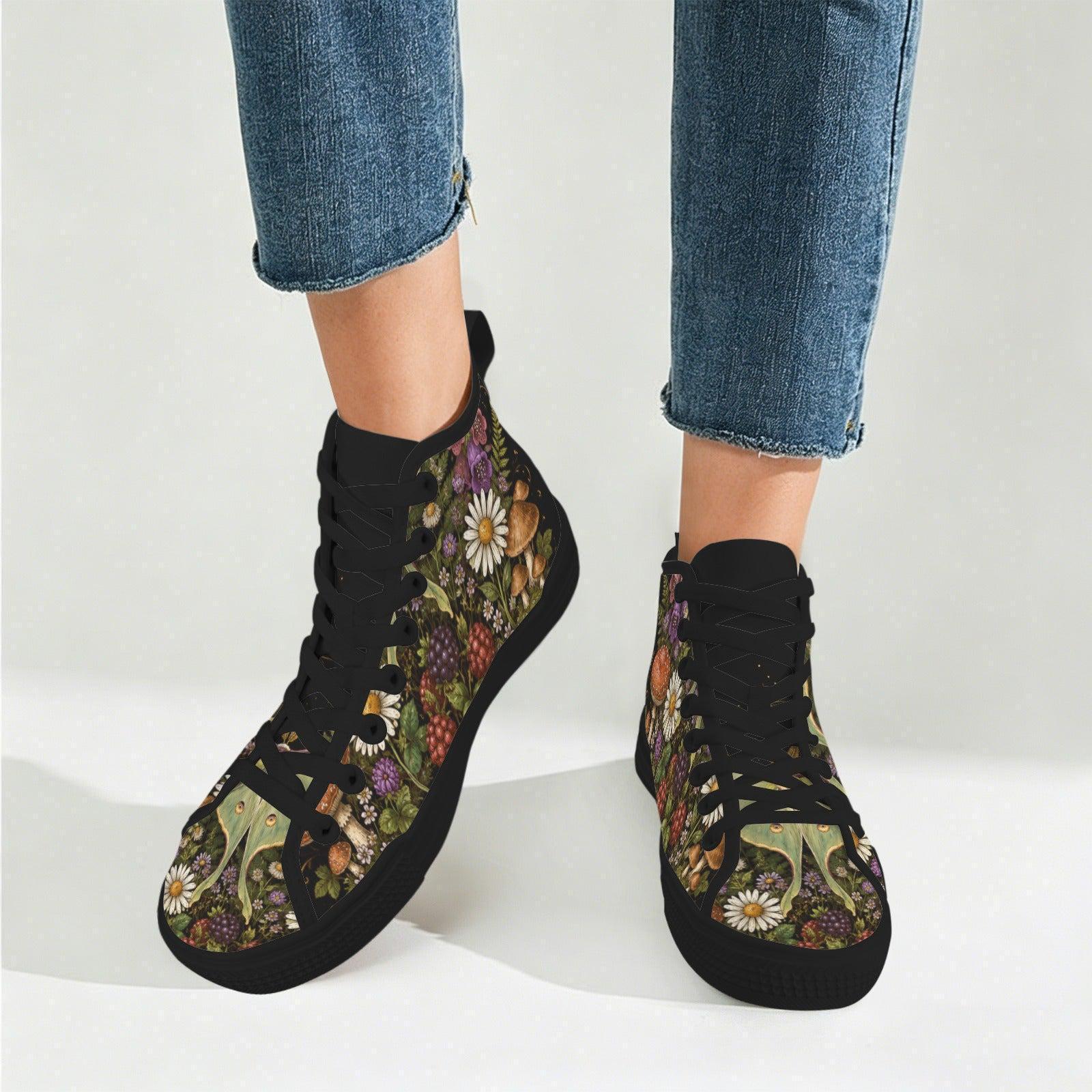 Mushroom Floral High Tops, Woodland Cottagecore Canvas Sneakers, Dark Fairycore Streetwear