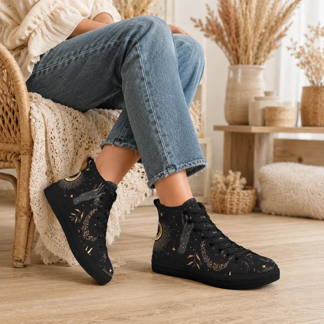 Black Celestial High Top Sneakers, Moon Sun Star Print Canvas Shoes, Astrology Witchy Gift