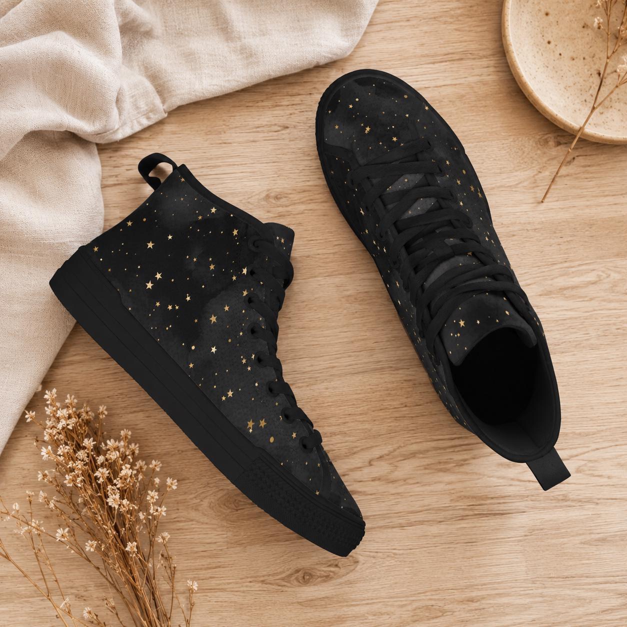 Black Gold Star High Top Sneakers, Celestial Print Lace Up Shoes