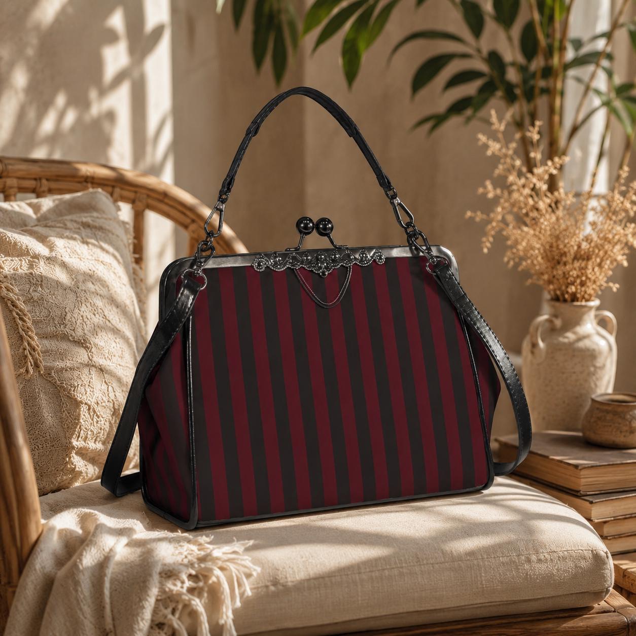 Red and Black Stripe Handbag: Vintage Kisslock Clasp, Vegan Leather Bag