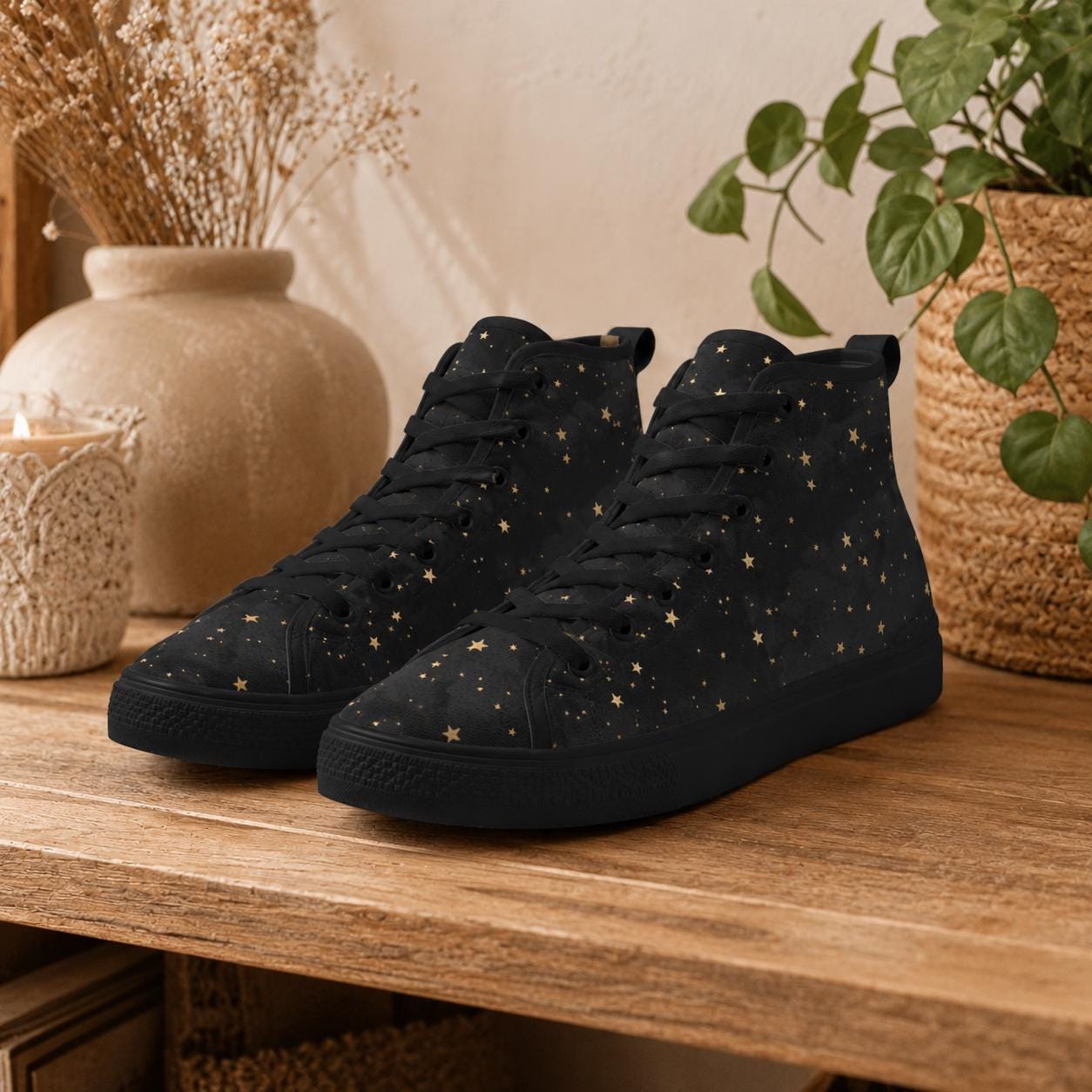 Black Gold Star High Top Sneakers, Celestial Print Lace Up Shoes