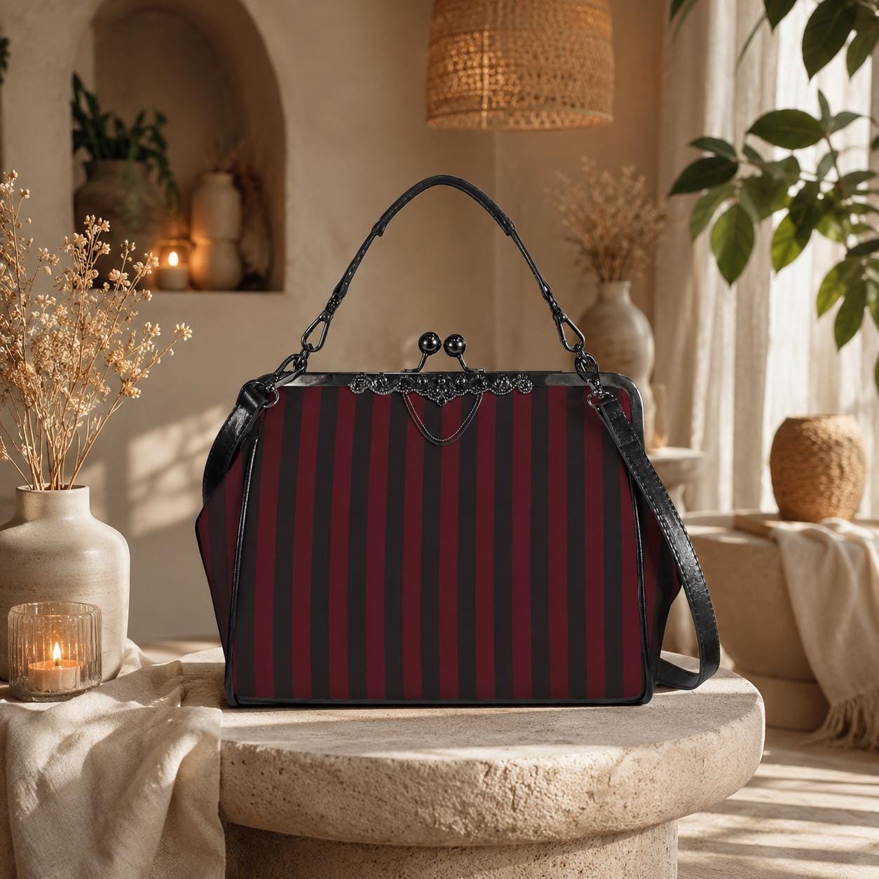 Red and Black Stripe Handbag: Vintage Kisslock Clasp, Vegan Leather Bag