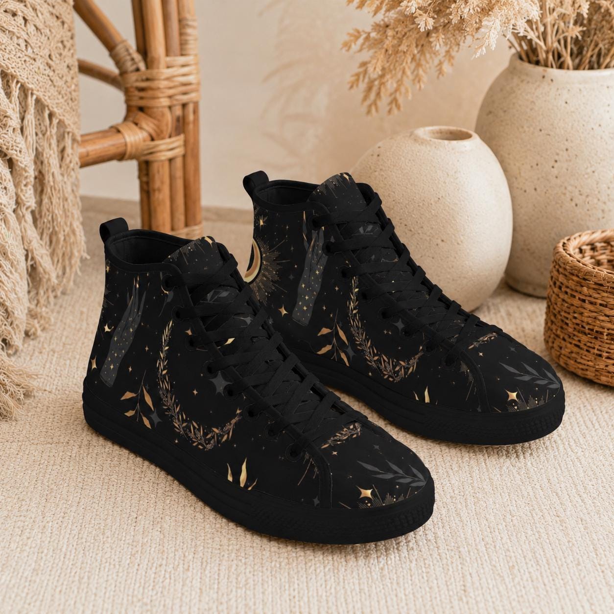 Black Celestial High Top Sneakers, Moon Sun Star Print Canvas Shoes, Astrology Witchy Gift