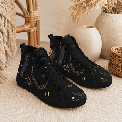 Black Celestial High Top Sneakers, Moon Sun Star Print Canvas Shoes, Astrology Witchy Gift