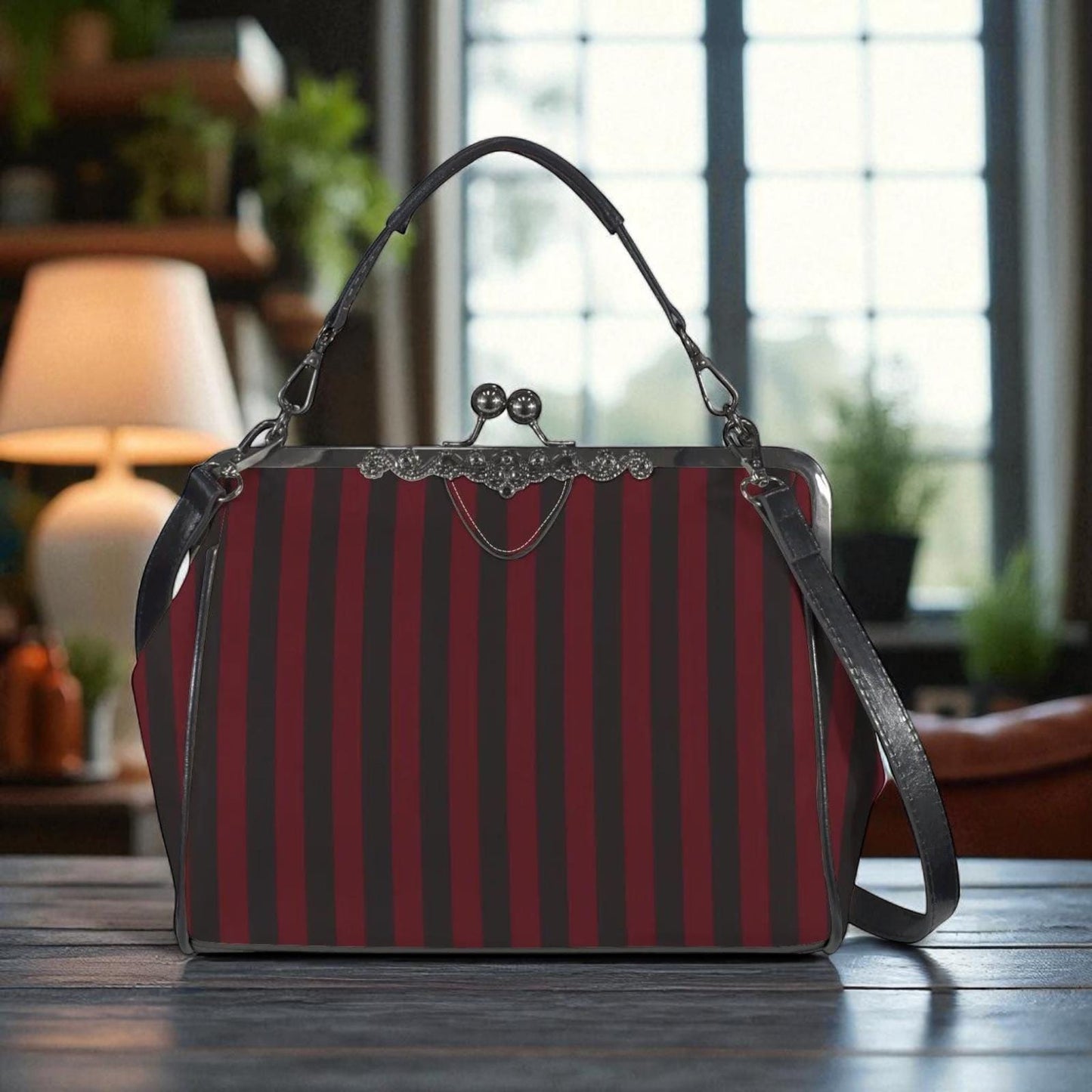 Red and Black Stripe Handbag: Vintage Kisslock Clasp, Vegan Leather Bag