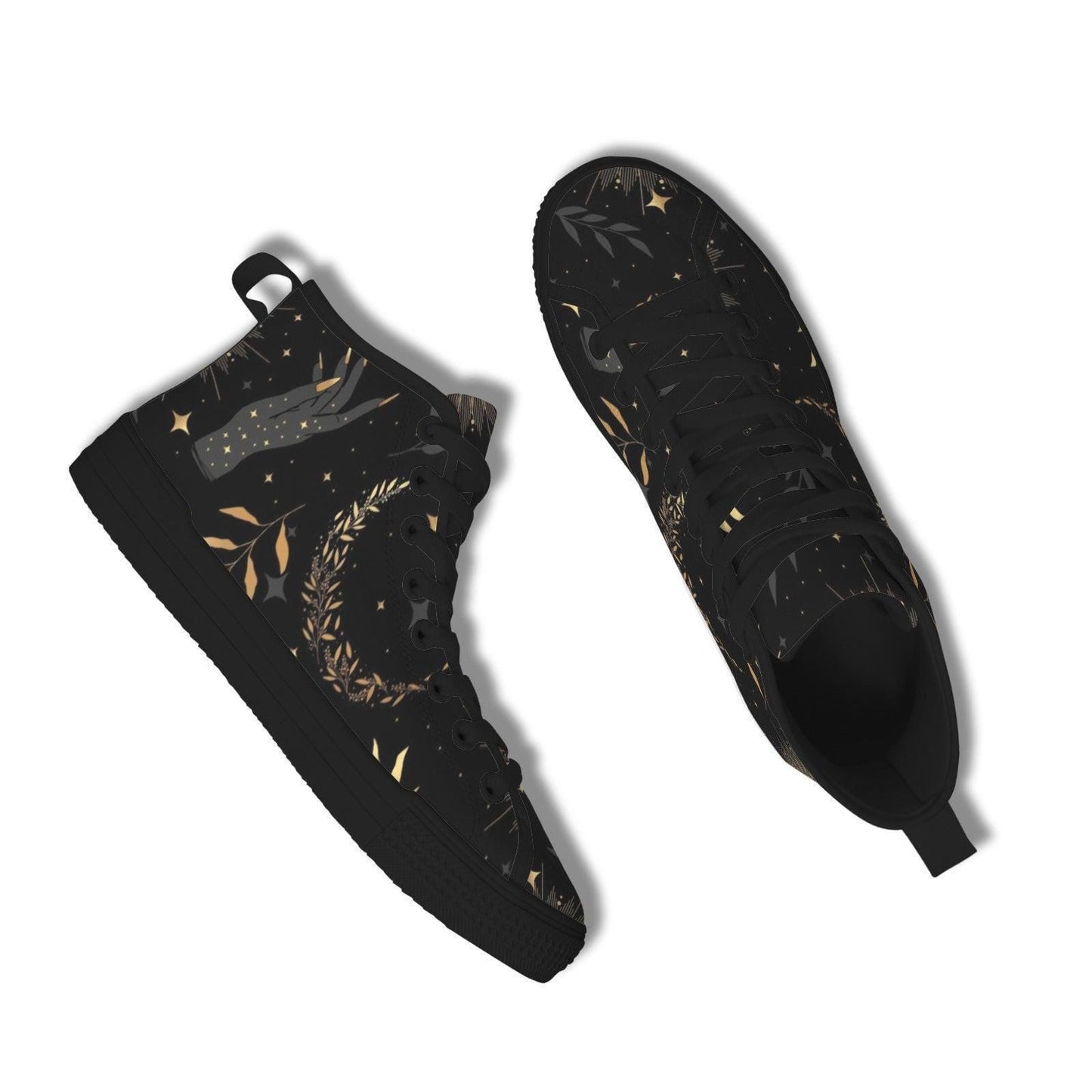 Black Celestial High Top Sneakers, Moon Sun Star Print Canvas Shoes, Astrology Witchy Gift