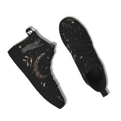 Black Celestial High Top Sneakers, Moon Sun Star Print Canvas Shoes, Astrology Witchy Gift