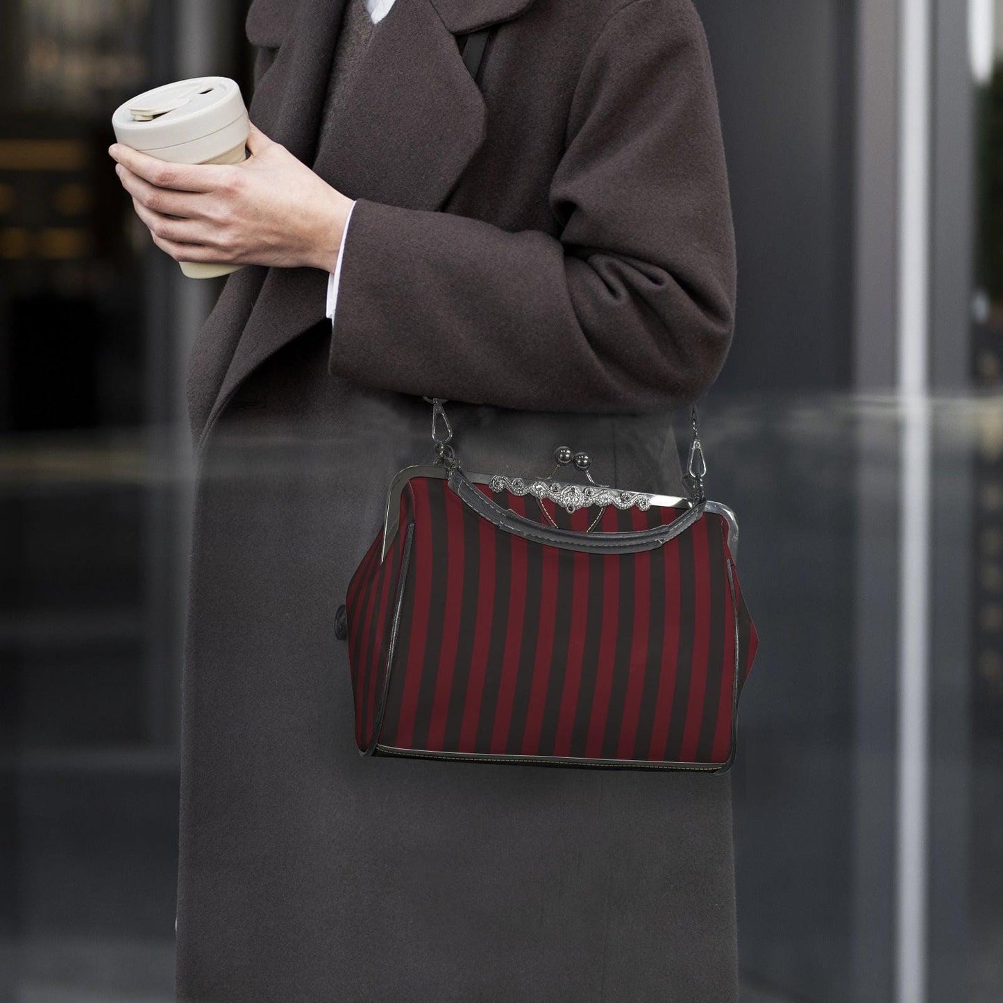 Red and Black Stripe Handbag: Vintage Kisslock Clasp, Vegan Leather Bag