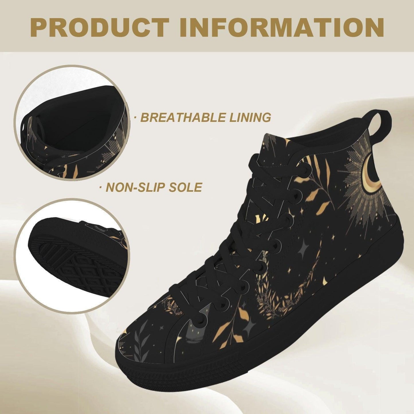 Black Celestial High Top Sneakers, Moon Sun Star Print Canvas Shoes, Astrology Witchy Gift