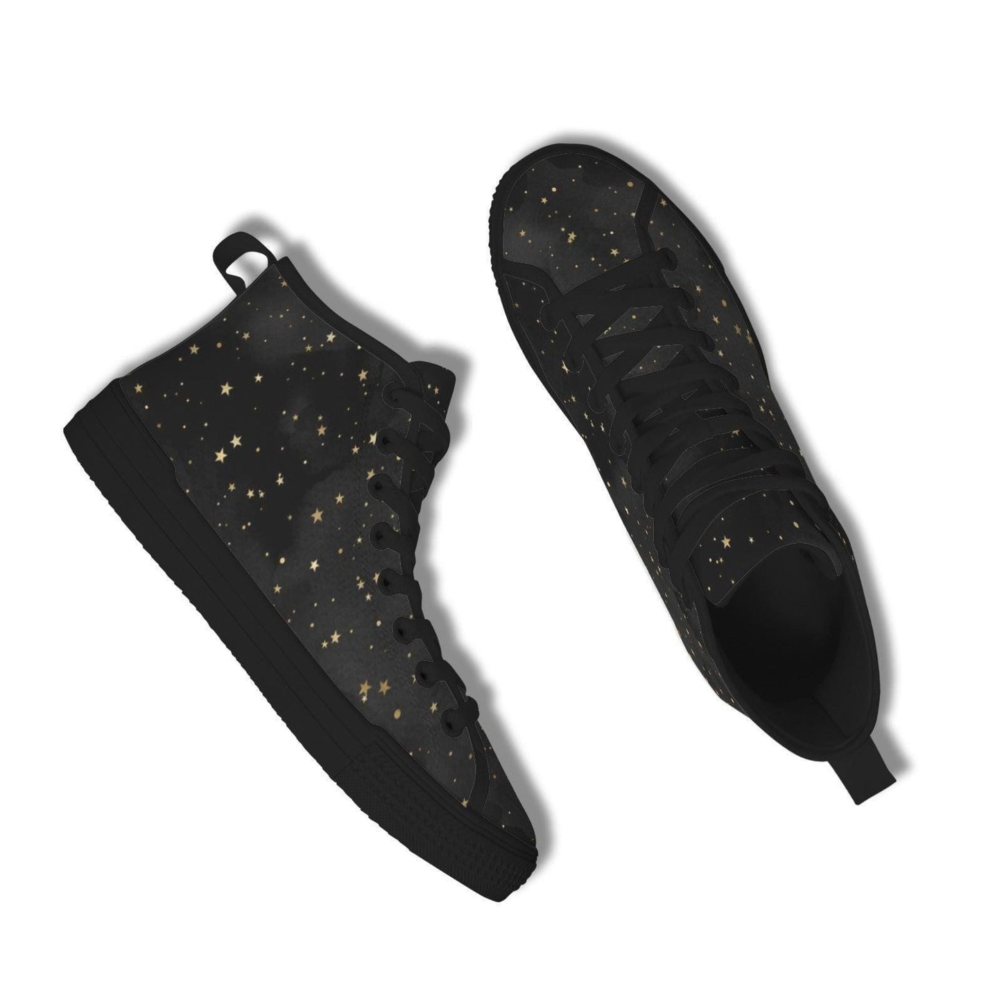 Black Gold Star High Top Sneakers, Celestial Print Lace Up Shoes
