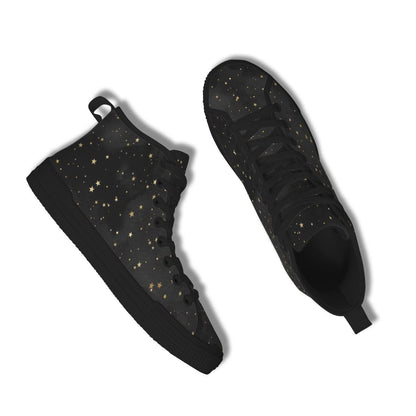 Black Gold Star High Top Sneakers, Celestial Print Lace Up Shoes