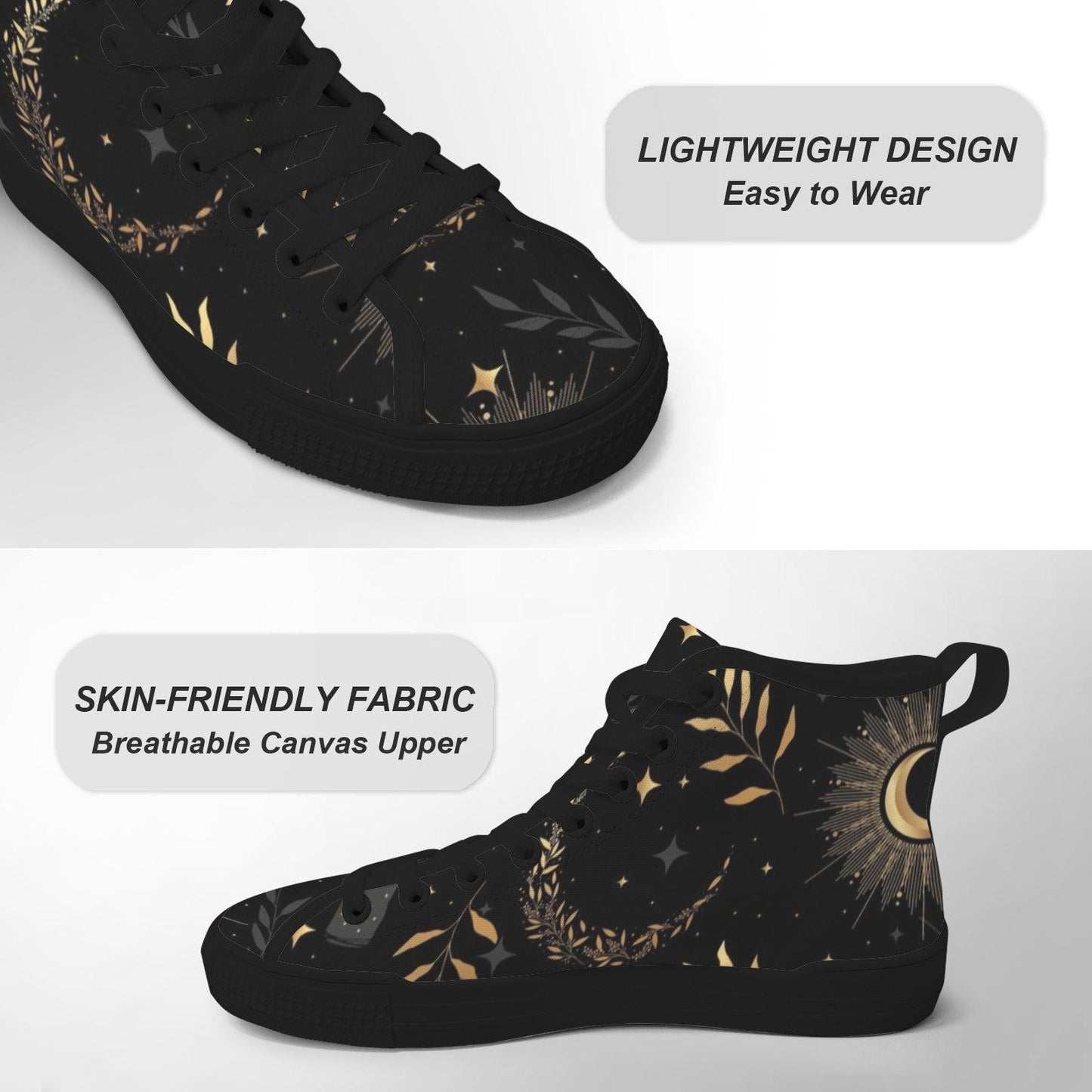 Black Celestial High Top Sneakers, Moon Sun Star Print Canvas Shoes, Astrology Witchy Gift