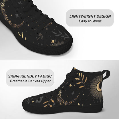 Black Celestial High Top Sneakers, Moon Sun Star Print Canvas Shoes, Astrology Witchy Gift