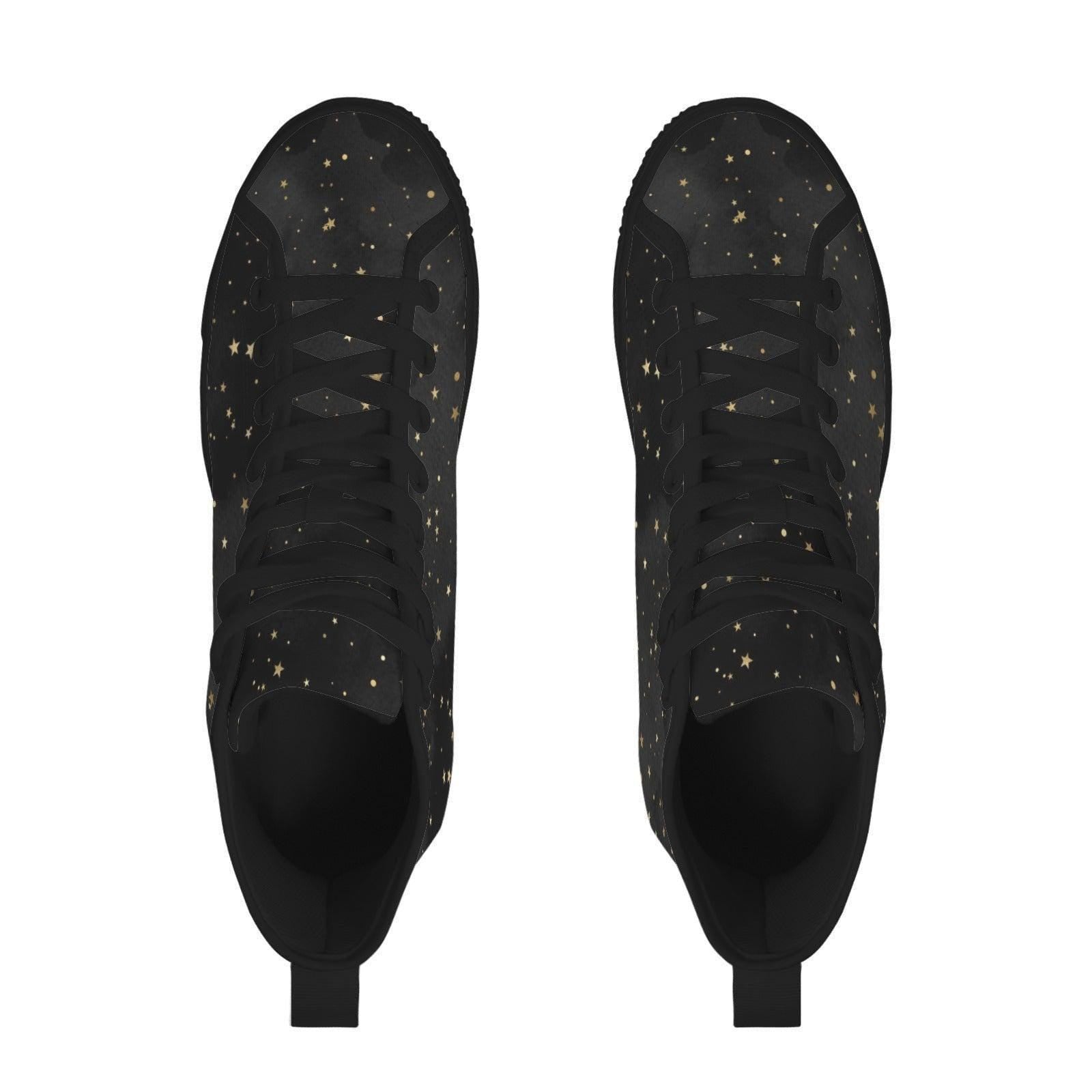 Black Gold Star High Top Sneakers, Celestial Print Lace Up Shoes
