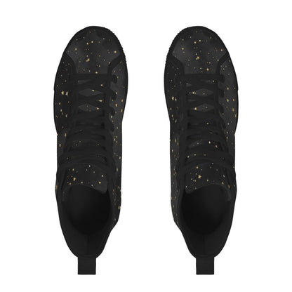 Black Gold Star High Top Sneakers, Celestial Print Lace Up Shoes