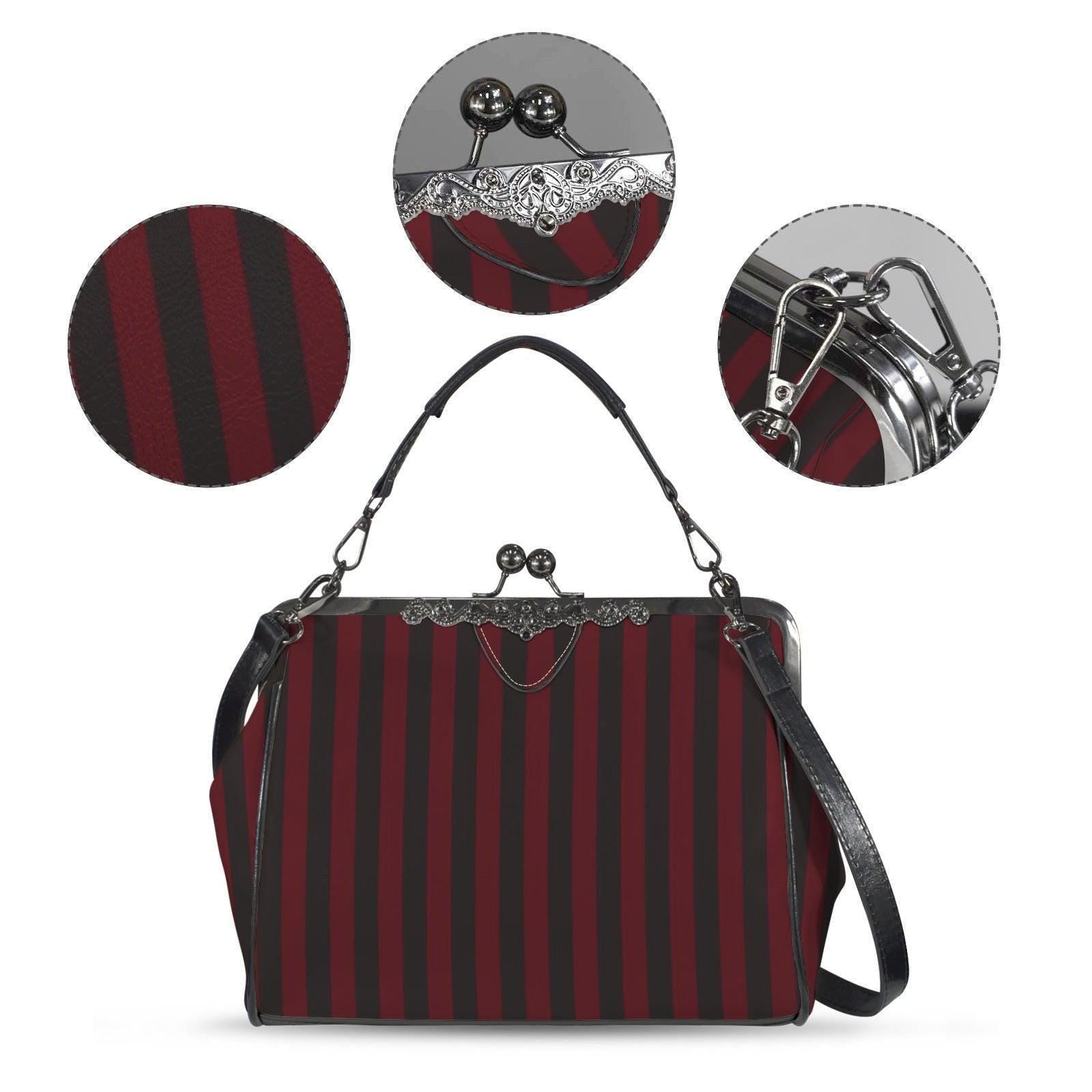 Red and Black Stripe Handbag: Vintage Kisslock Clasp, Vegan Leather Bag