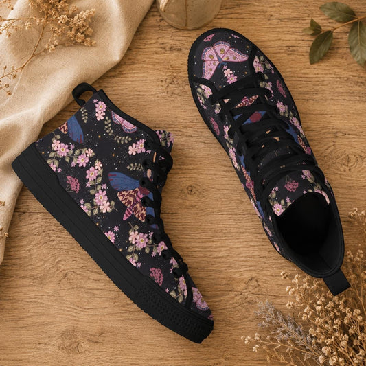 Black Floral High Top Sneakers, Pink Blossom Moth Print Canvas Shoes