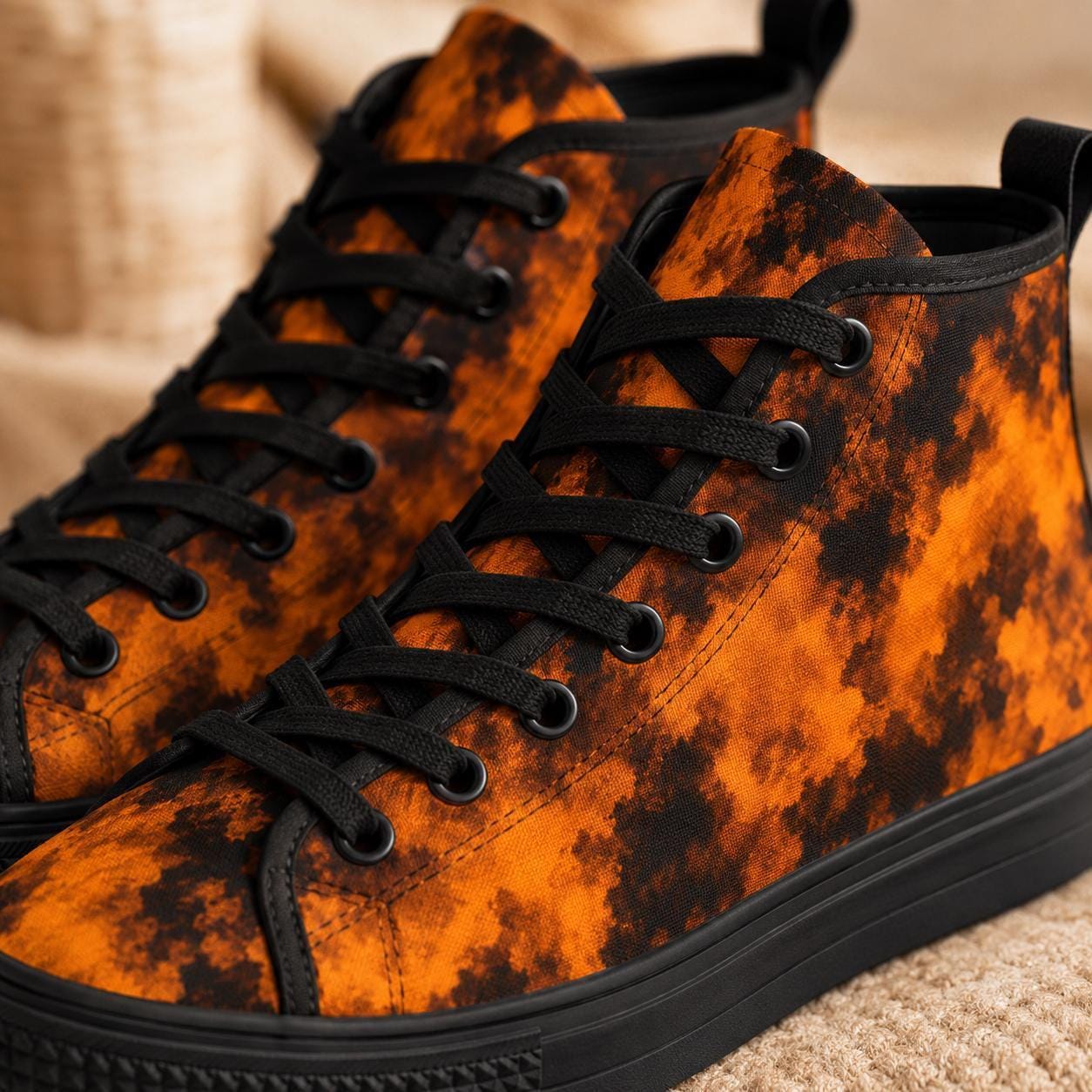 Orange Black Grunge Tie Dye High Top Sneakers, Alternative Streetwear Lace Up Shoes