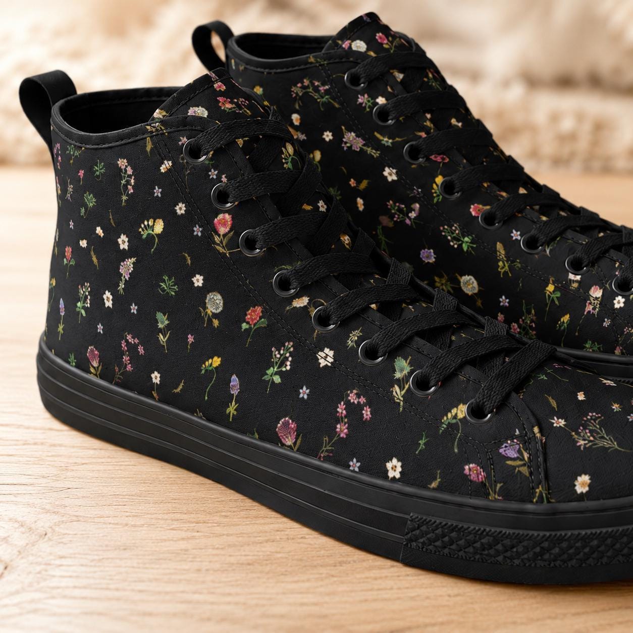 Black Floral High Top Canvas Sneakers, Ditsy Wildflower Print Lace Up Shoes