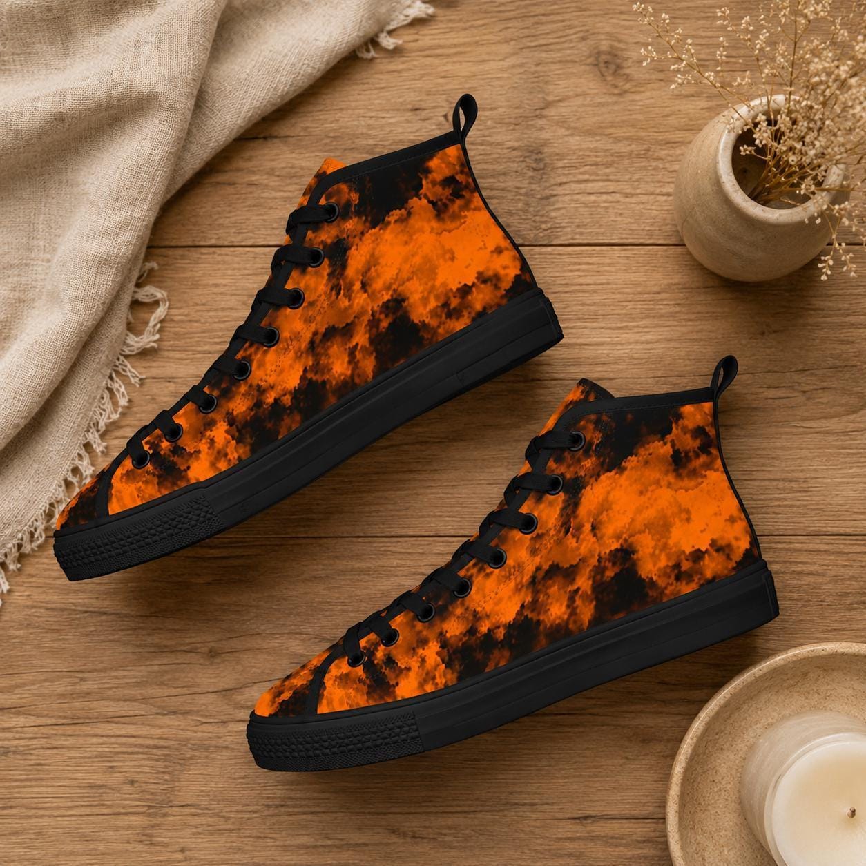 Orange Black Grunge Tie Dye High Top Sneakers, Alternative Streetwear Lace Up Shoes