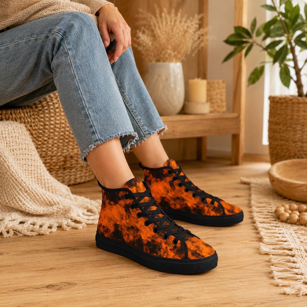 Orange Black Grunge Tie Dye High Top Sneakers, Alternative Streetwear Lace Up Shoes