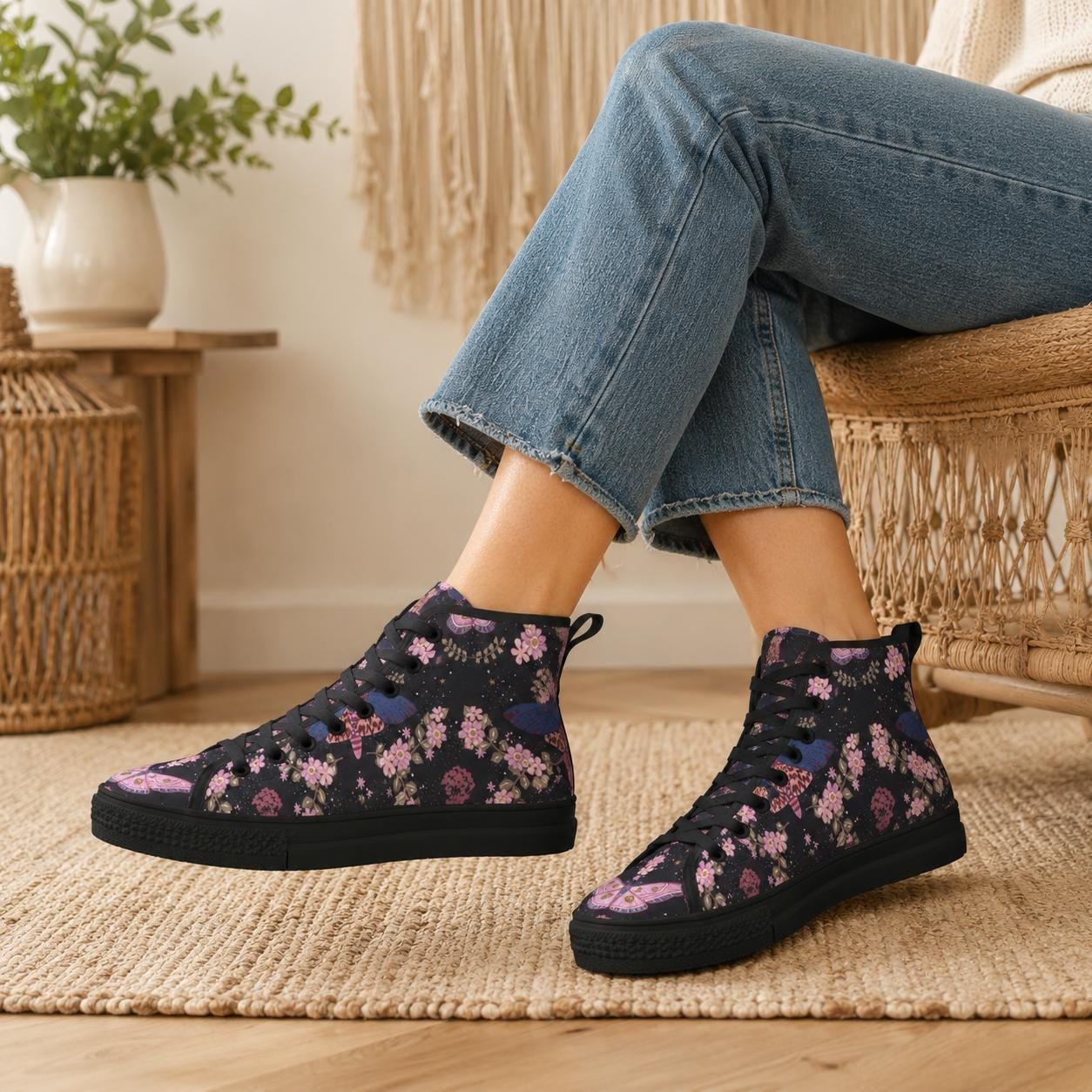 Black Floral High Top Sneakers, Pink Blossom Moth Print Canvas Shoes