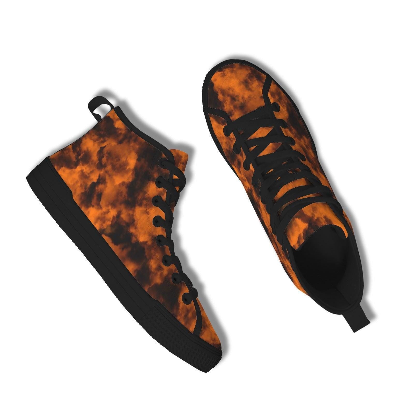 Orange Black Grunge Tie Dye High Top Sneakers, Alternative Streetwear Lace Up Shoes