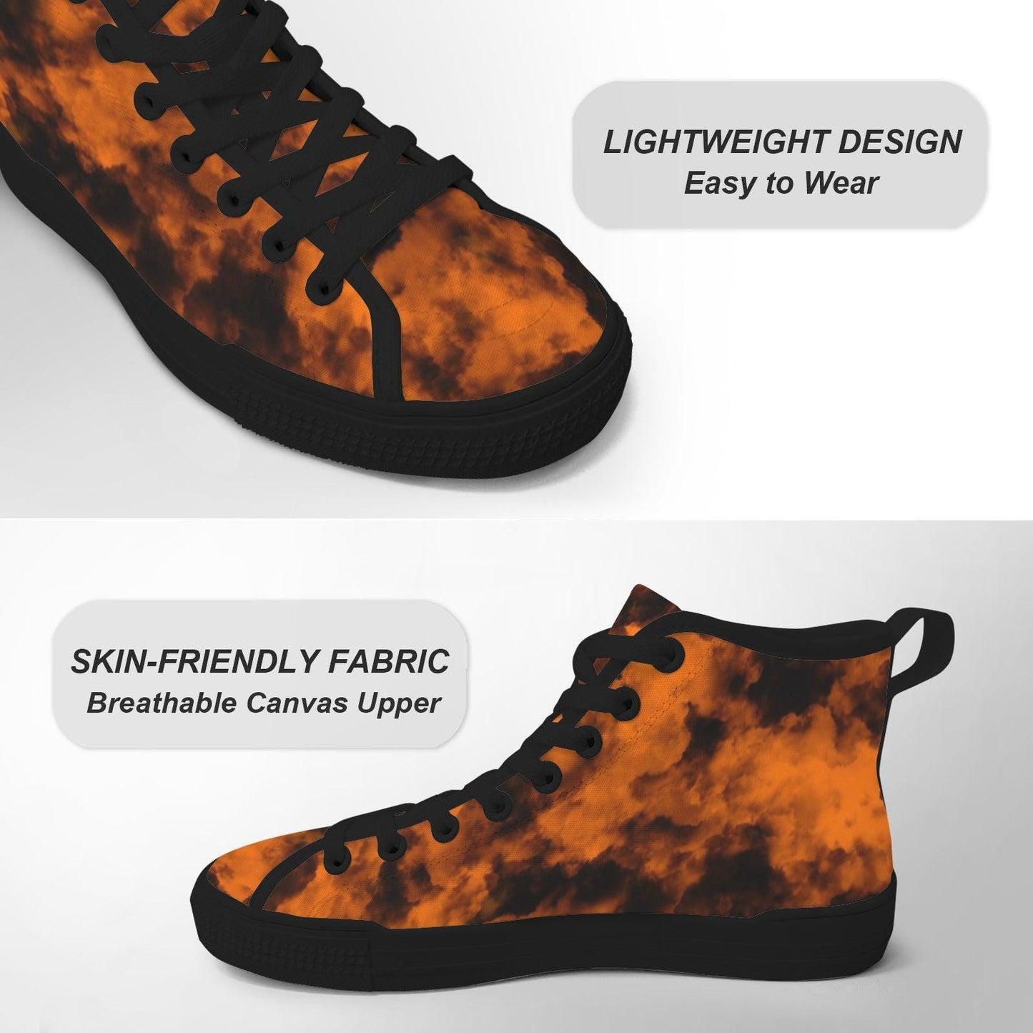 Orange Black Grunge Tie Dye High Top Sneakers, Alternative Streetwear Lace Up Shoes