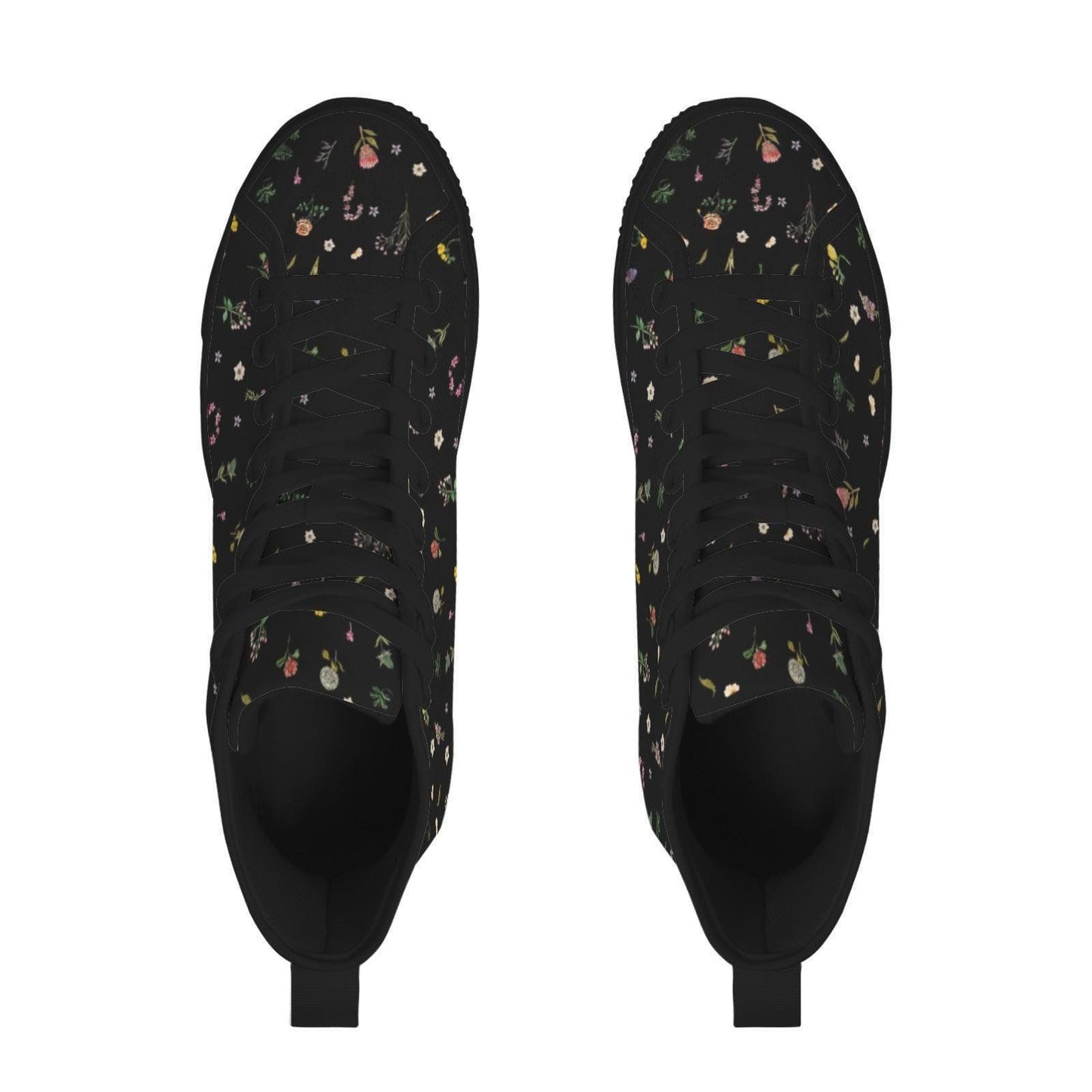 Black Floral High Top Canvas Sneakers, Ditsy Wildflower Print Lace Up Shoes