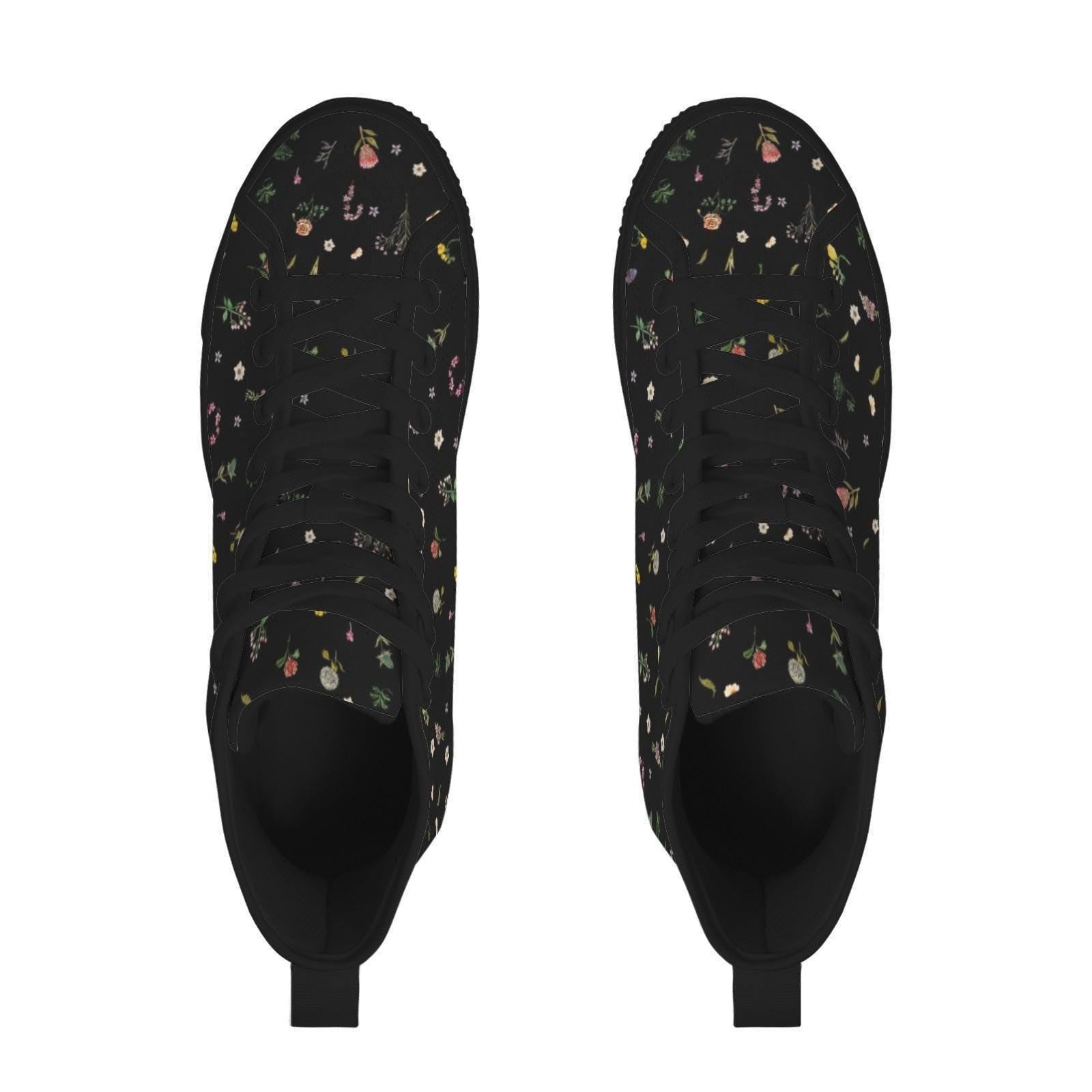 Black Floral High Top Canvas Sneakers, Ditsy Wildflower Print Lace Up Shoes