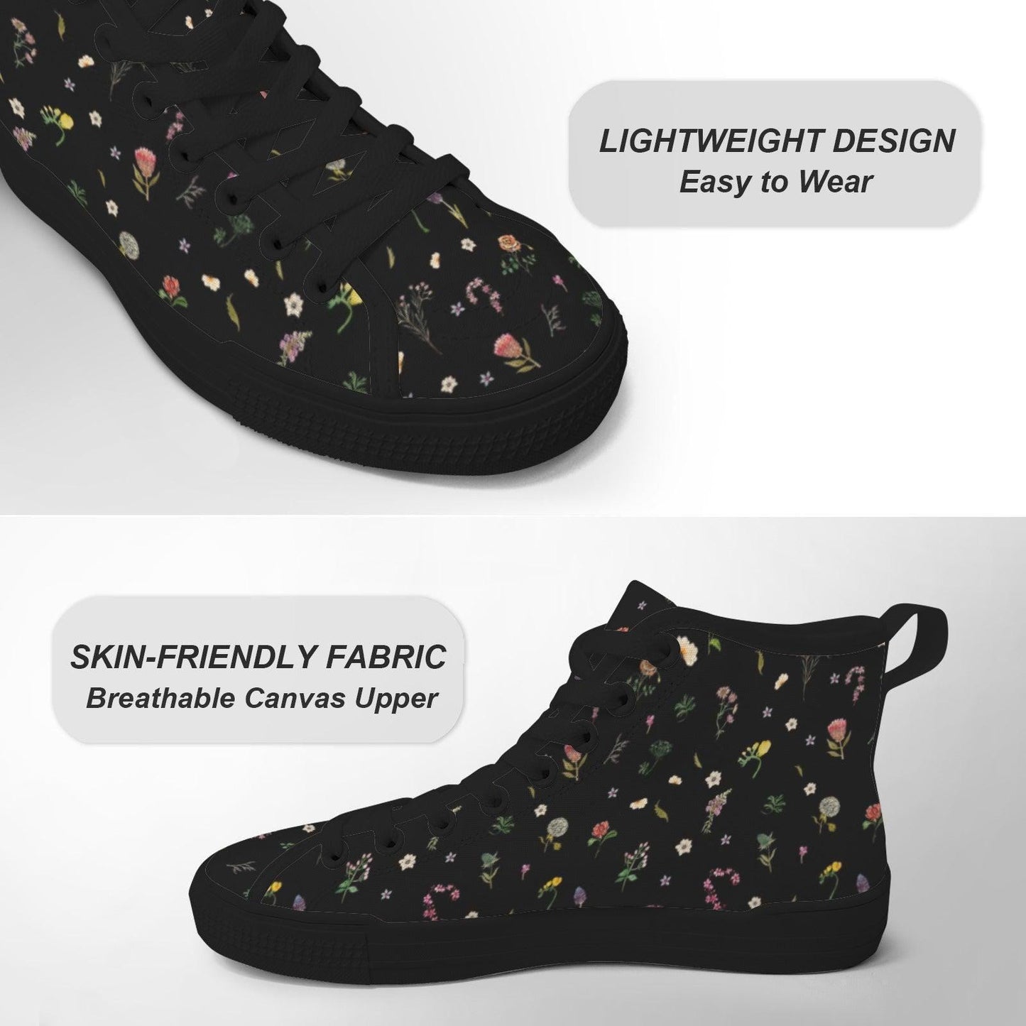 Black Floral High Top Canvas Sneakers, Ditsy Wildflower Print Lace Up Shoes