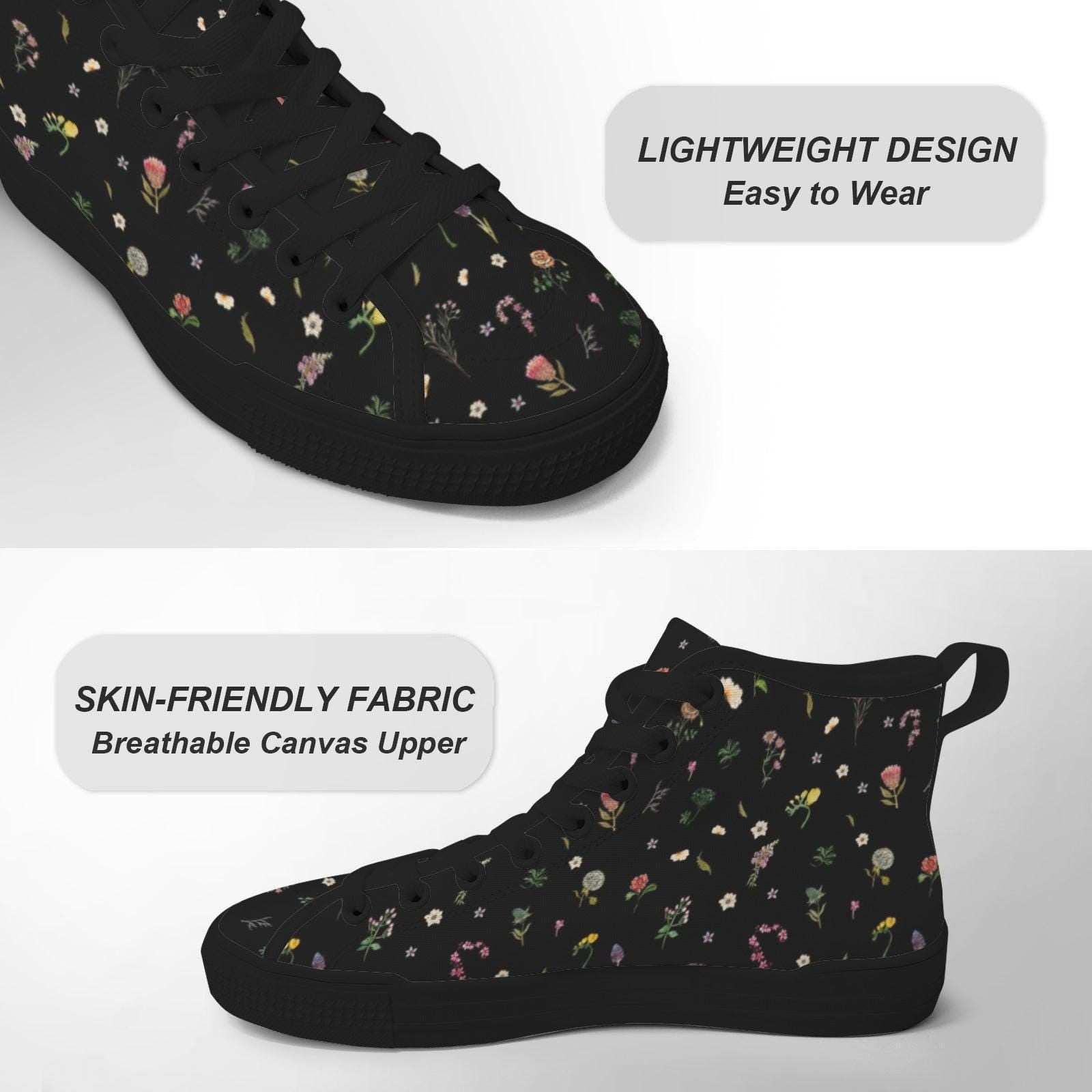 Black Floral High Top Canvas Sneakers, Ditsy Wildflower Print Lace Up Shoes