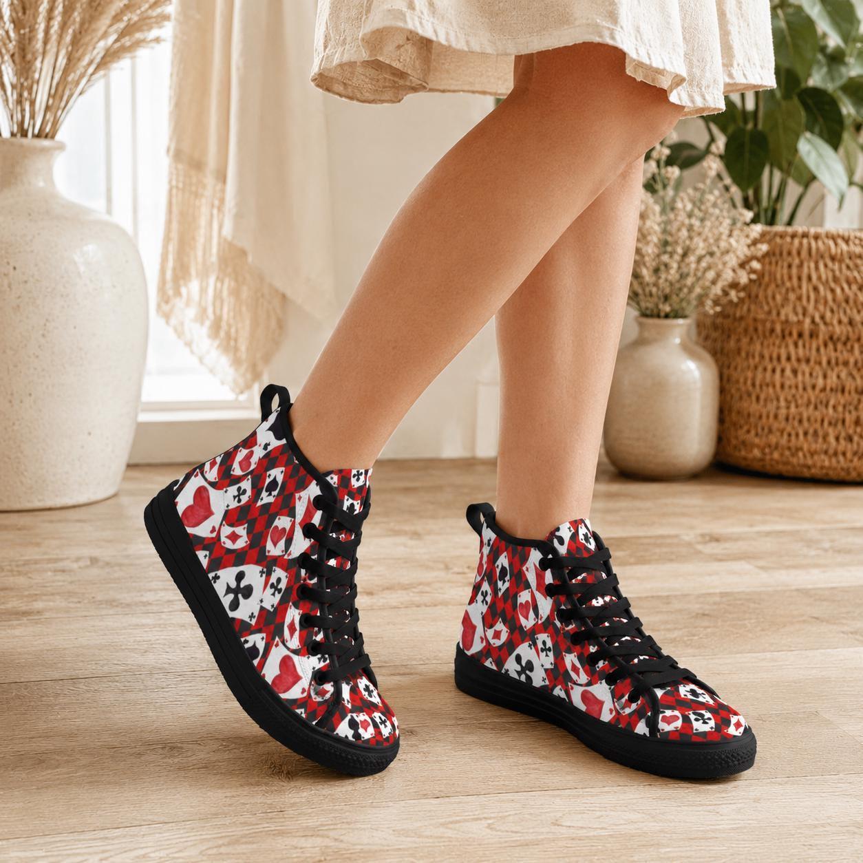 Playing Card High Top Sneakers, Red Black Suit Print Lace Up Shoes