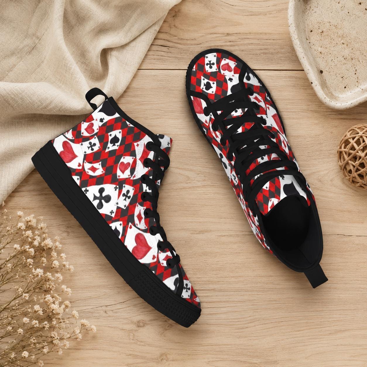 Playing Card High Top Sneakers, Red Black Suit Print Lace Up Shoes