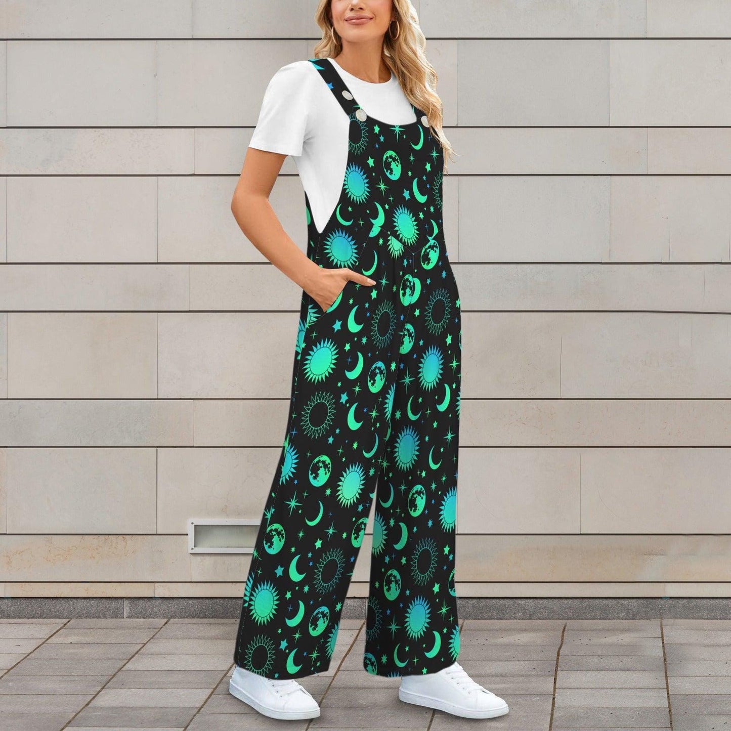 Celestial Wide Leg Jumpsuit, Black Moon Sun Print Overalls, Witchy Festival Wear