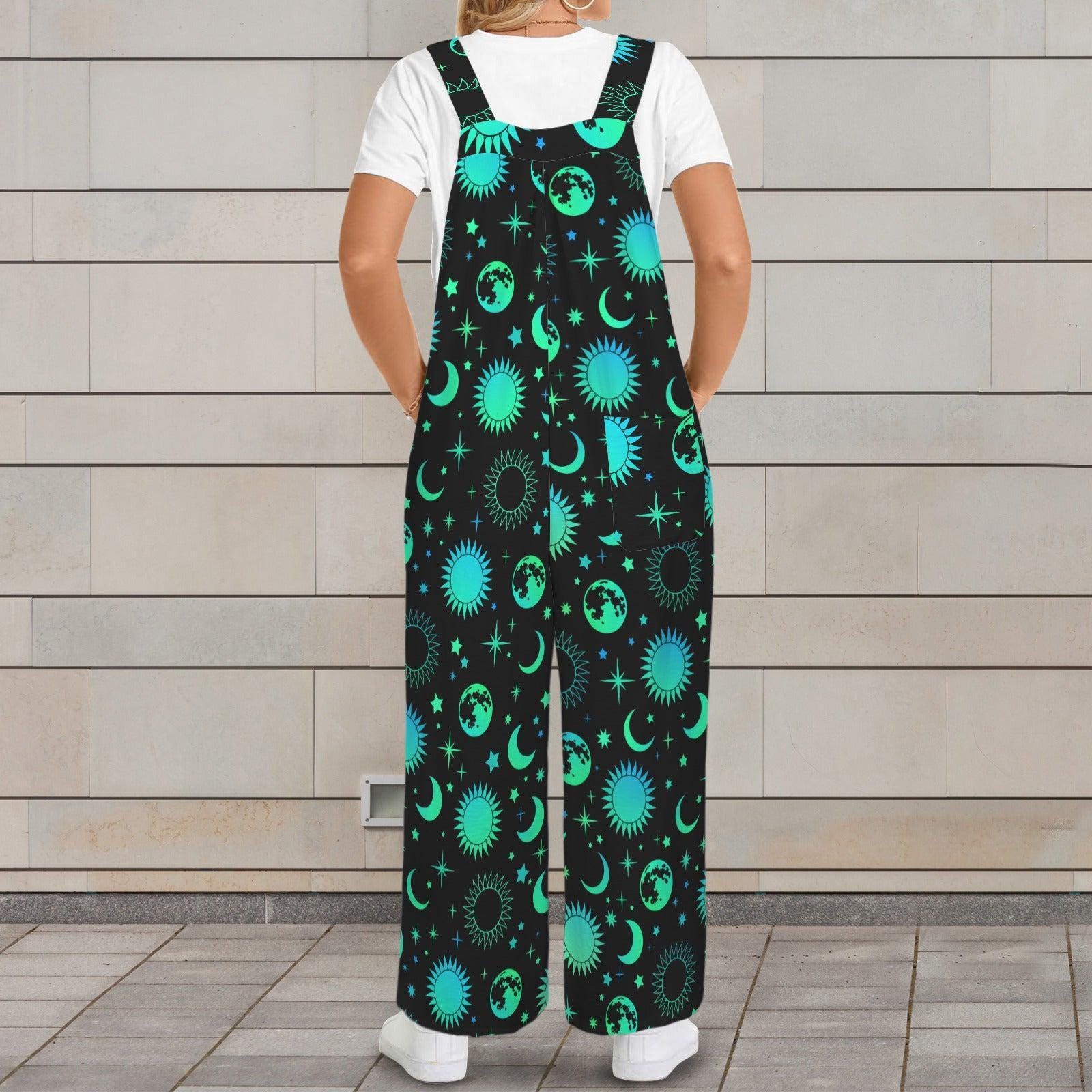 Celestial Wide Leg Jumpsuit, Black Moon Sun Print Overalls, Witchy Festival Wear