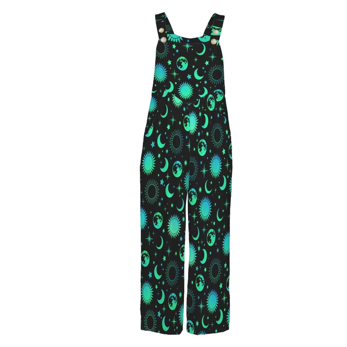 Celestial Wide Leg Jumpsuit, Black Moon Sun Print Overalls, Witchy Festival Wear